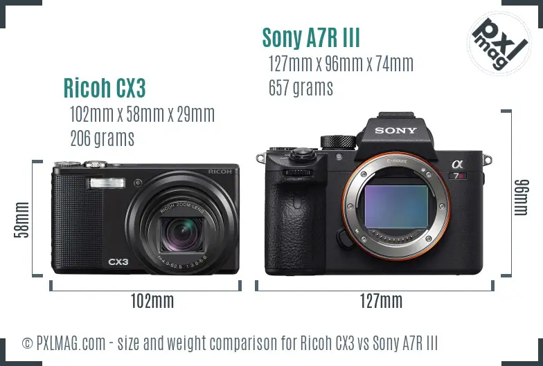 Ricoh CX3 vs Sony A7R III size comparison