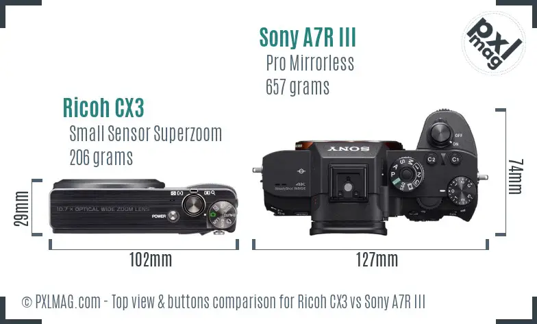 Ricoh CX3 vs Sony A7R III top view buttons comparison