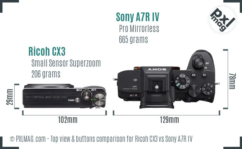 Ricoh CX3 vs Sony A7R IV top view buttons comparison