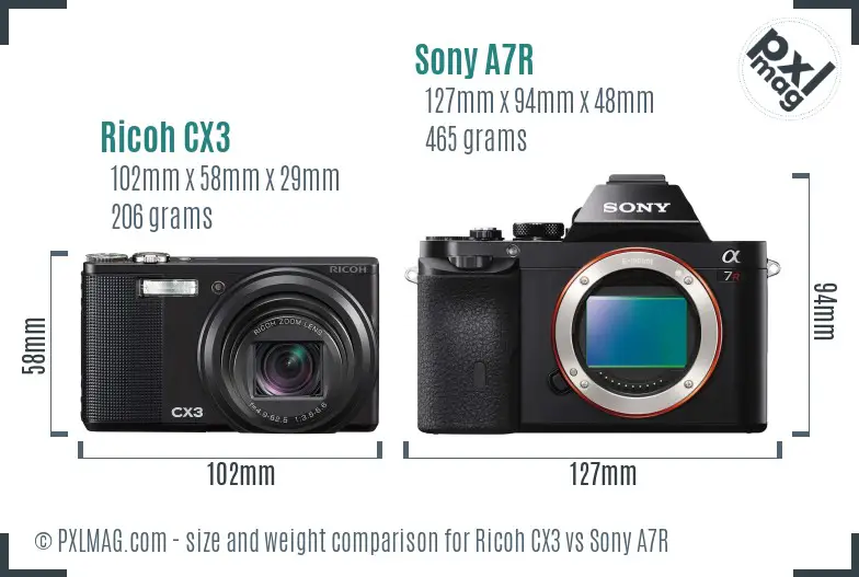 Ricoh CX3 vs Sony A7R size comparison