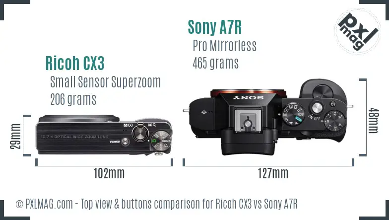 Ricoh CX3 vs Sony A7R top view buttons comparison