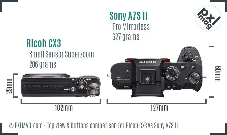 Ricoh CX3 vs Sony A7S II top view buttons comparison