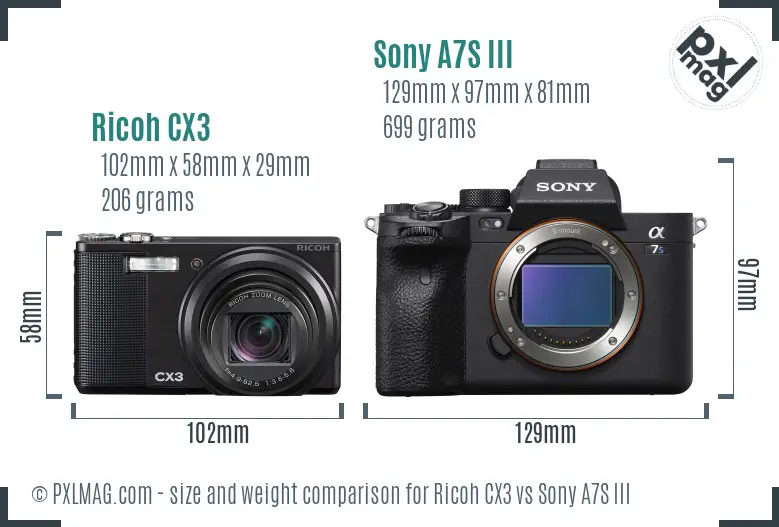 Ricoh CX3 vs Sony A7S III size comparison
