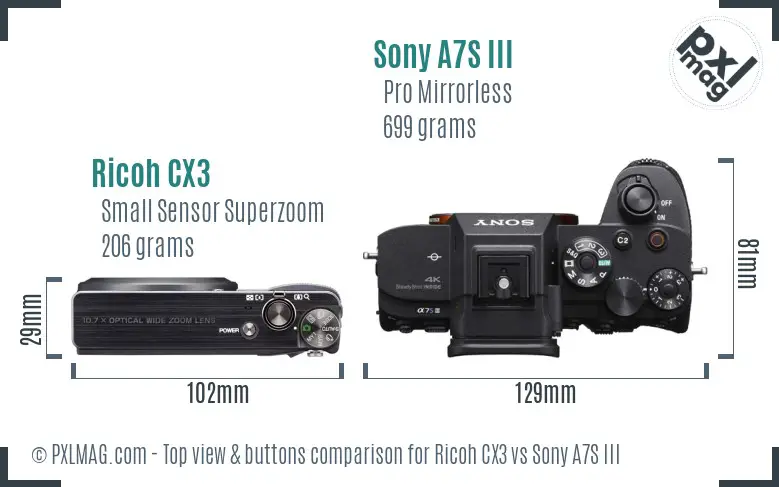 Ricoh CX3 vs Sony A7S III top view buttons comparison