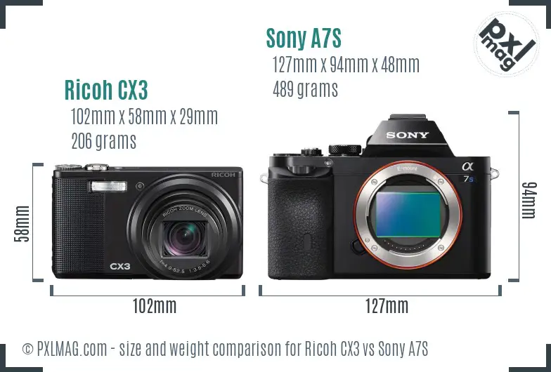 Ricoh CX3 vs Sony A7S size comparison
