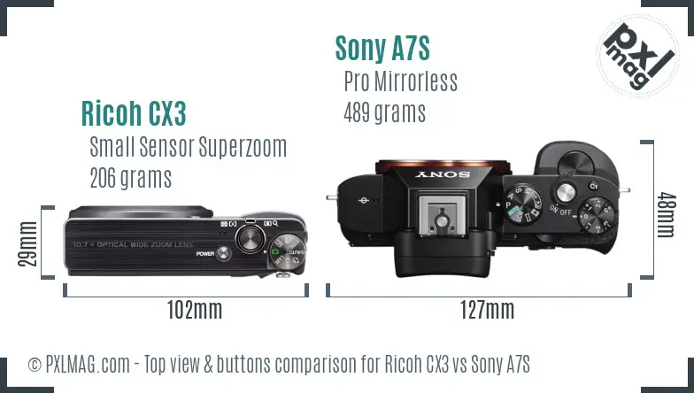 Ricoh CX3 vs Sony A7S top view buttons comparison