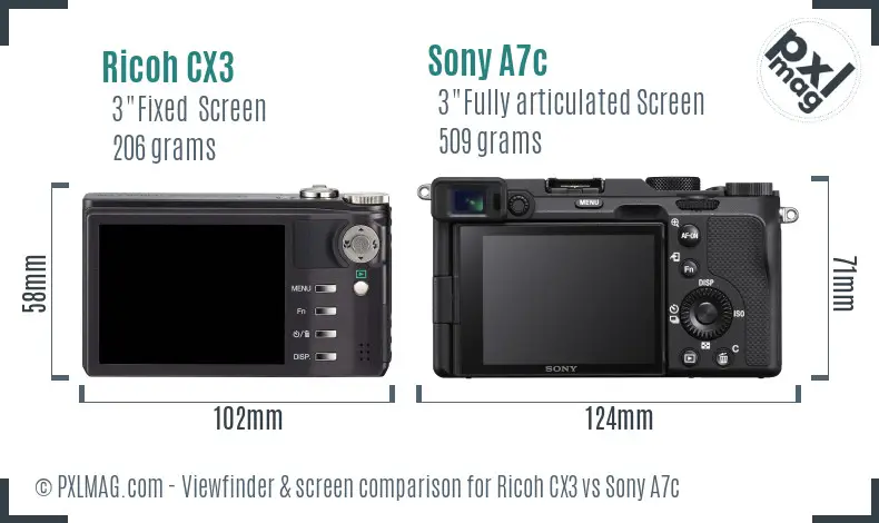 Ricoh CX3 vs Sony A7c Screen and Viewfinder comparison