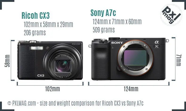Ricoh CX3 vs Sony A7c size comparison