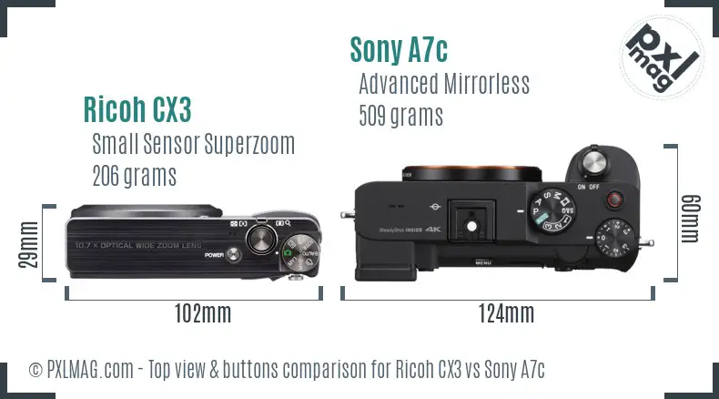Ricoh CX3 vs Sony A7c top view buttons comparison