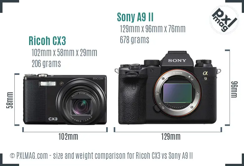 Ricoh CX3 vs Sony A9 II size comparison