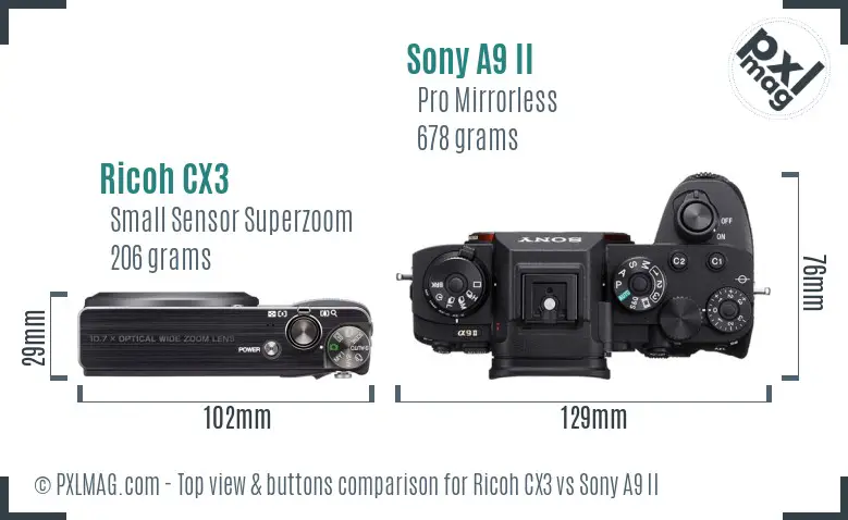 Ricoh CX3 vs Sony A9 II top view buttons comparison