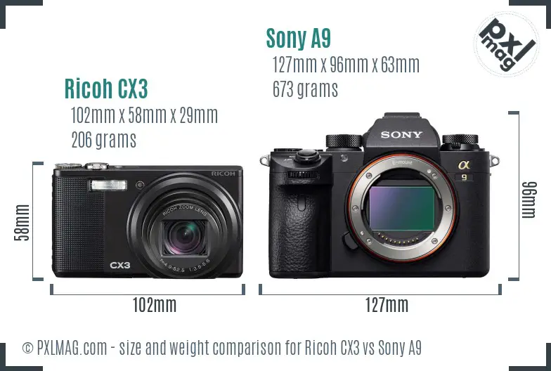 Ricoh CX3 vs Sony A9 size comparison