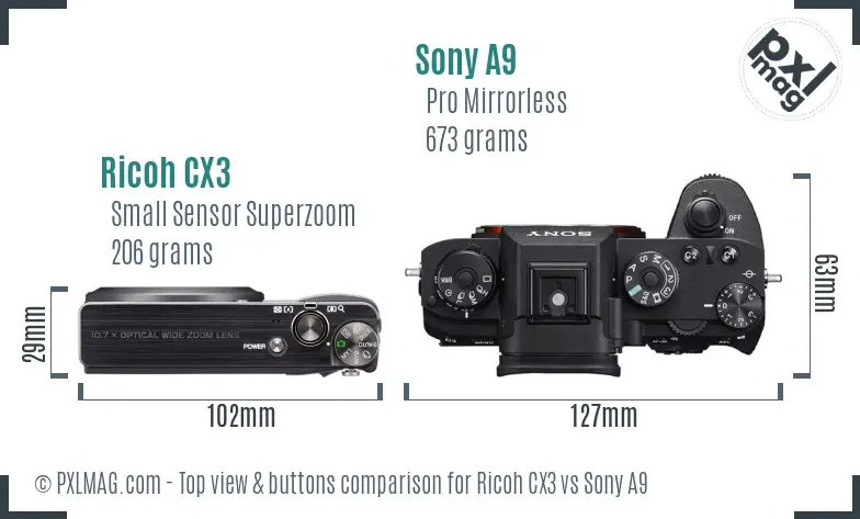 Ricoh CX3 vs Sony A9 top view buttons comparison