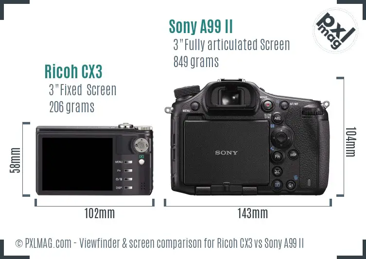 Ricoh CX3 vs Sony A99 II Screen and Viewfinder comparison