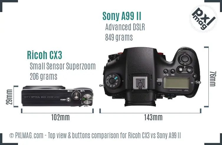 Ricoh CX3 vs Sony A99 II top view buttons comparison