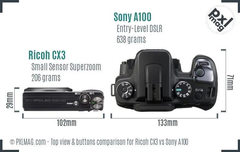 Ricoh CX3 vs Sony A100 top view buttons comparison