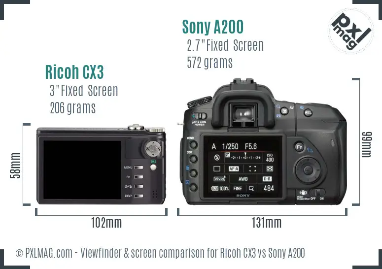 Ricoh CX3 vs Sony A200 Screen and Viewfinder comparison