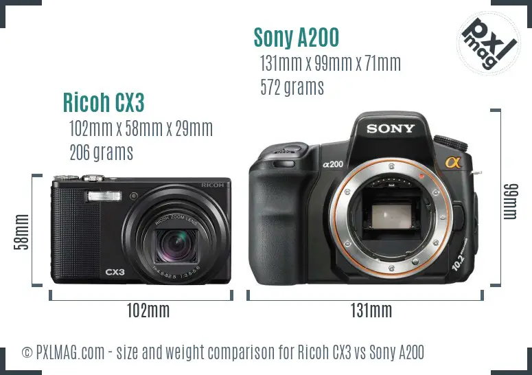 Ricoh CX3 vs Sony A200 size comparison