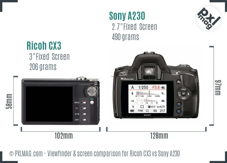 Ricoh CX3 vs Sony A230 Screen and Viewfinder comparison