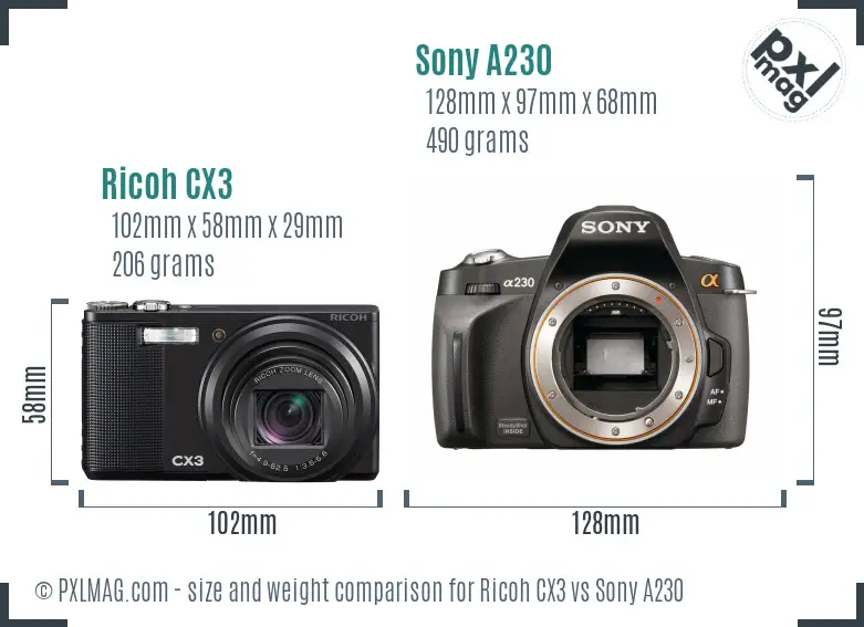 Ricoh CX3 vs Sony A230 size comparison