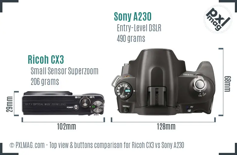 Ricoh CX3 vs Sony A230 top view buttons comparison