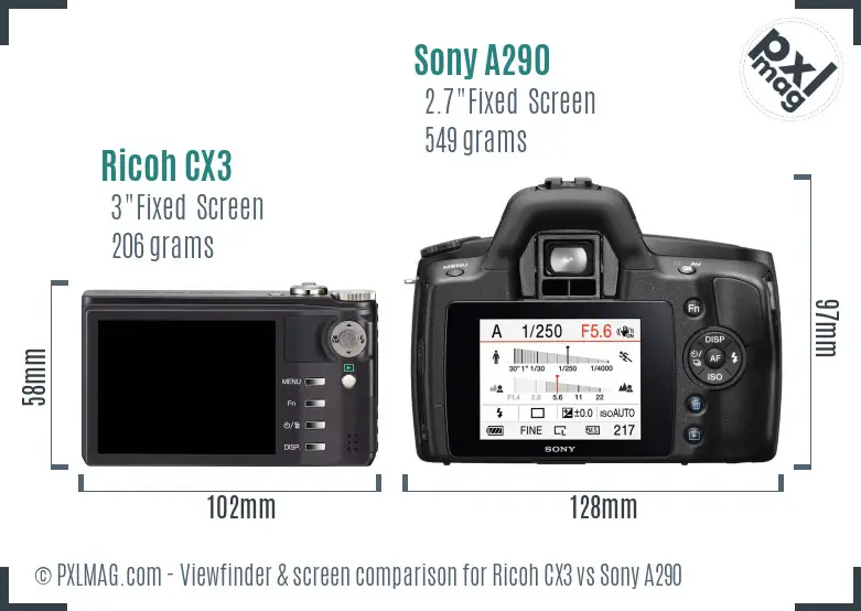 Ricoh CX3 vs Sony A290 Screen and Viewfinder comparison