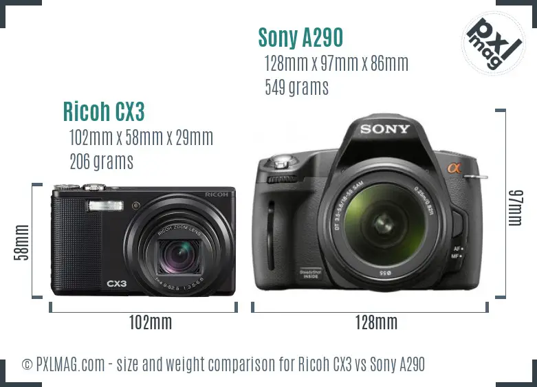 Ricoh CX3 vs Sony A290 size comparison