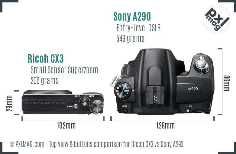 Ricoh CX3 vs Sony A290 top view buttons comparison