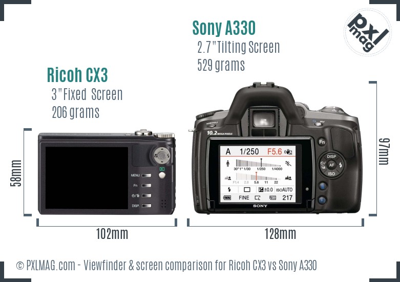 Ricoh CX3 vs Sony A330 Screen and Viewfinder comparison