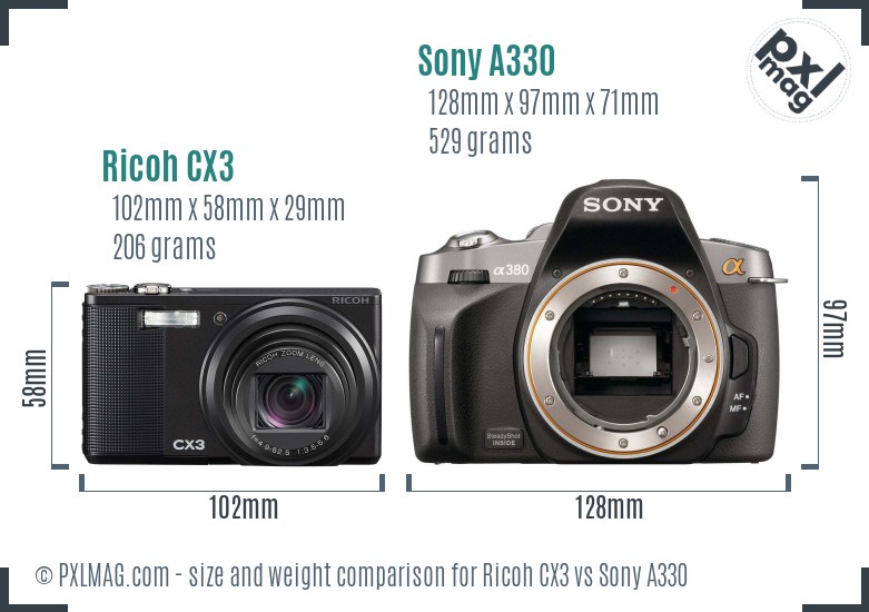 Ricoh CX3 vs Sony A330 size comparison