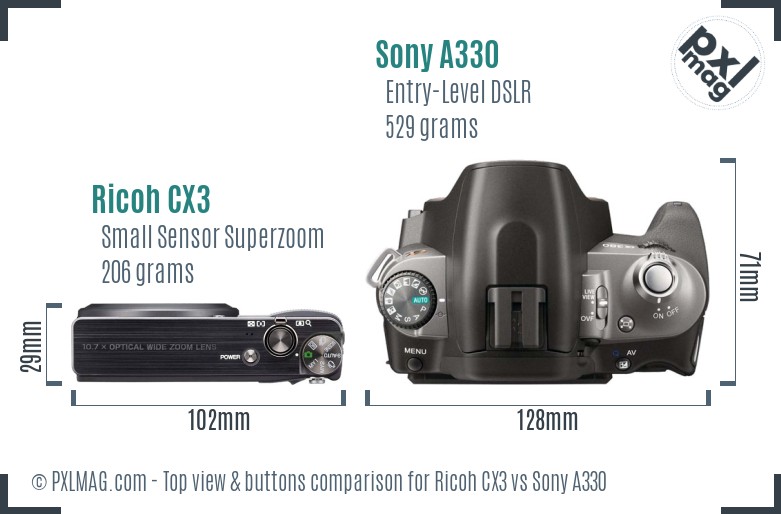 Ricoh CX3 vs Sony A330 top view buttons comparison