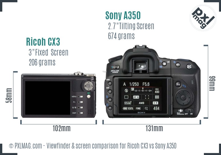 Ricoh CX3 vs Sony A350 Screen and Viewfinder comparison