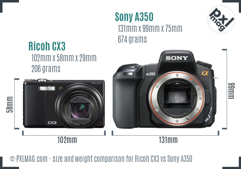 Ricoh CX3 vs Sony A350 size comparison