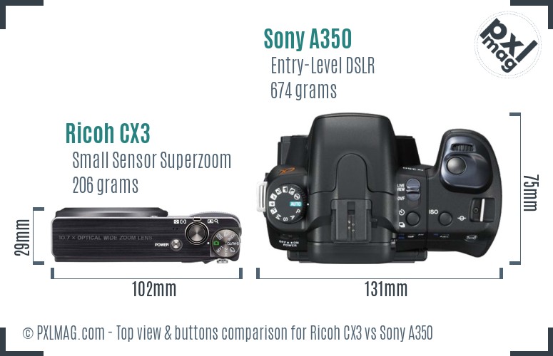 Ricoh CX3 vs Sony A350 top view buttons comparison