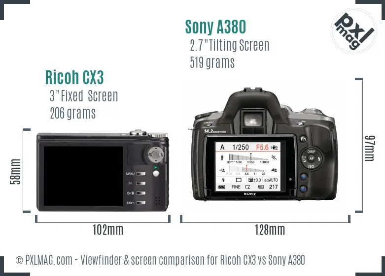 Ricoh CX3 vs Sony A380 Screen and Viewfinder comparison