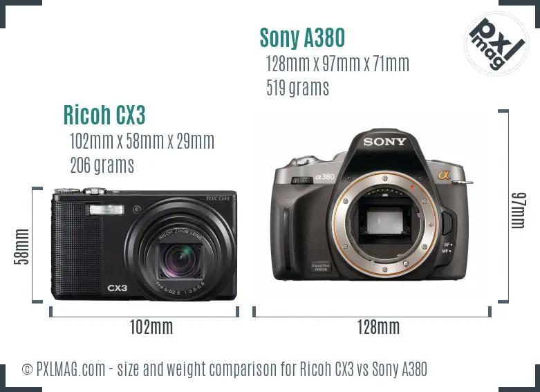 Ricoh CX3 vs Sony A380 size comparison