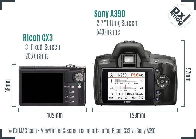 Ricoh CX3 vs Sony A390 Screen and Viewfinder comparison