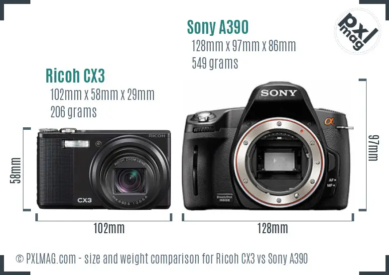 Ricoh CX3 vs Sony A390 size comparison