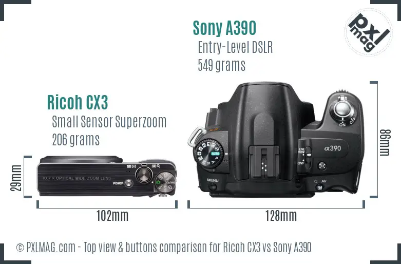 Ricoh CX3 vs Sony A390 top view buttons comparison