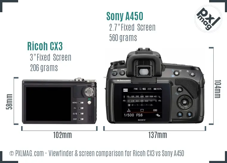 Ricoh CX3 vs Sony A450 Screen and Viewfinder comparison