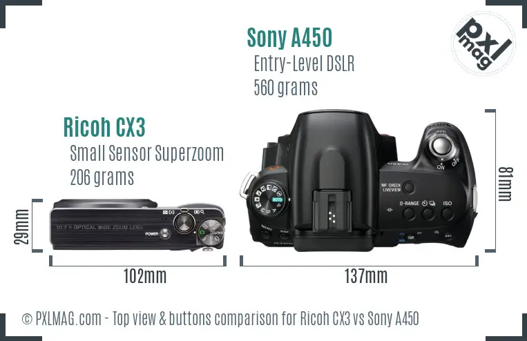 Ricoh CX3 vs Sony A450 top view buttons comparison