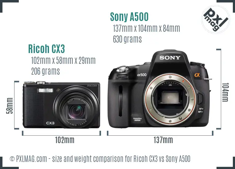 Ricoh CX3 vs Sony A500 size comparison