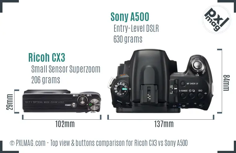 Ricoh CX3 vs Sony A500 top view buttons comparison