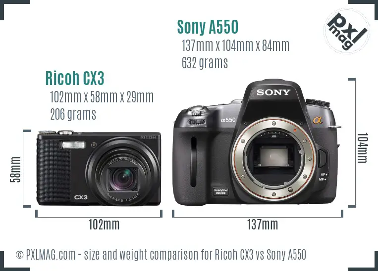 Ricoh CX3 vs Sony A550 size comparison Ricoh CX3 vs Sony A550 size comparison
