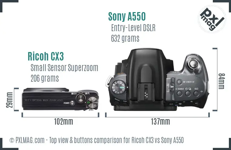 Ricoh CX3 vs Sony A550 top view buttons comparison Ricoh CX3 vs Sony A550 top view buttons comparison