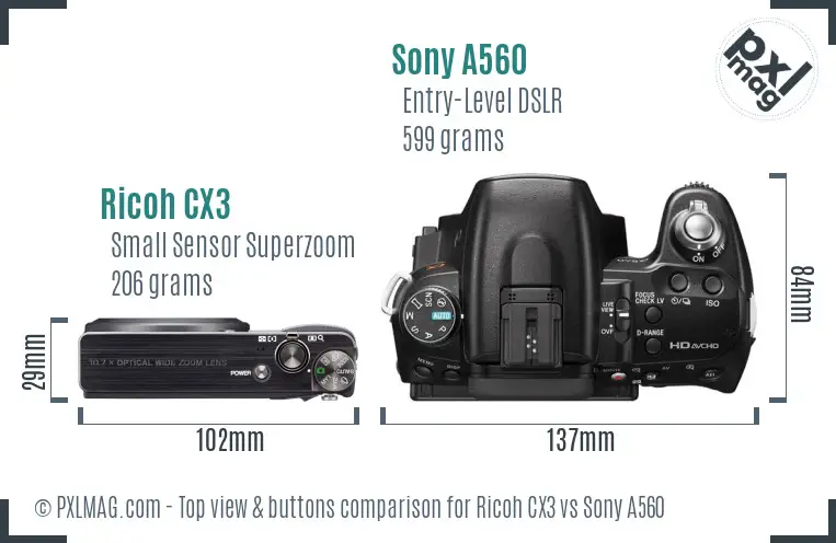Ricoh CX3 vs Sony A560 top view buttons comparison