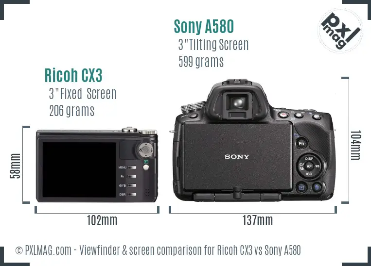 Ricoh CX3 vs Sony A580 Screen and Viewfinder comparison