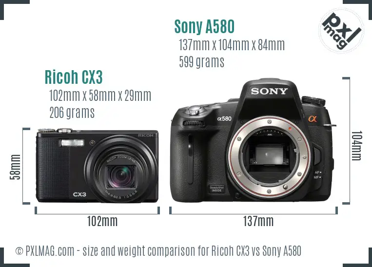 Ricoh CX3 vs Sony A580 size comparison