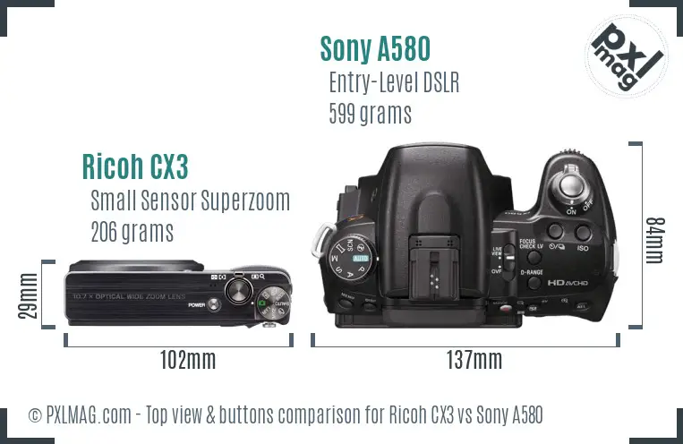 Ricoh CX3 vs Sony A580 top view buttons comparison
