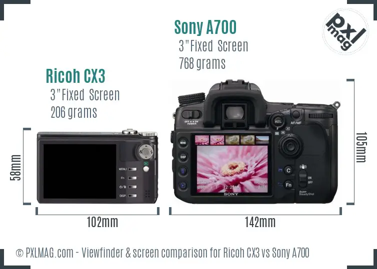 Ricoh CX3 vs Sony A700 Screen and Viewfinder comparison